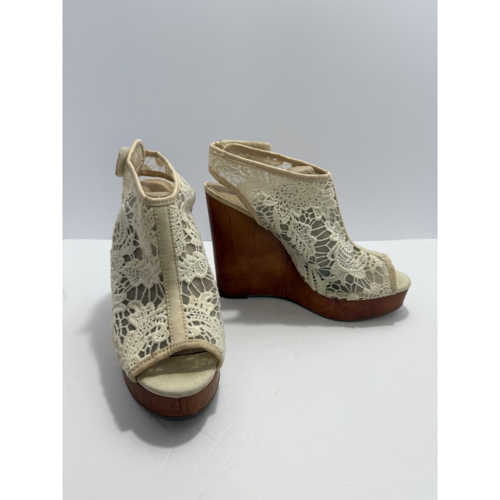 Lucky Brand Womens 8 Ankle Slingback Wedge Lace Open Toe Sandal Boho Summer Chic